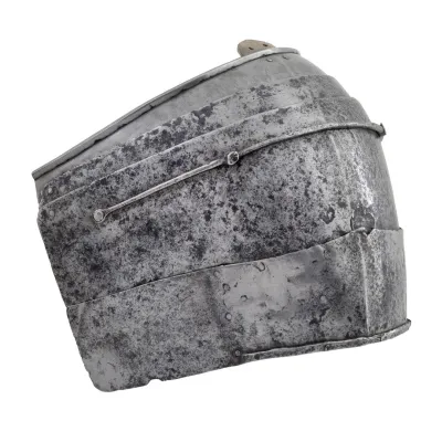 A bell shaped composite of four plates of iron designed to protect the shoulder