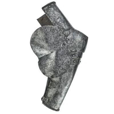 An interlocking series of shaped metal plates designed to protect the left arm from upper arm to the wrist