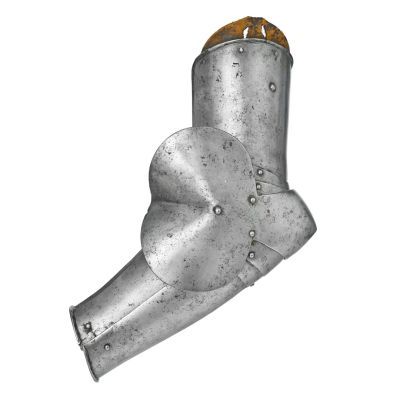 A series of fitted iron plates joined with leather straps designed to protect from upper arm to wrist