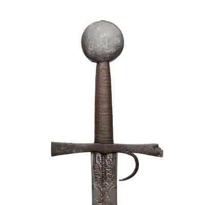 Iron hilted two-edged blade with wooden grip bound with cord and circular pommel