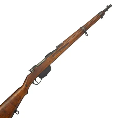 A long barrelled rifle finished in wood with box magazine and sling hooks on the underside