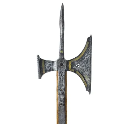 An iron axe blade, rear hammer, and reinforced spike on top of a slender square pole. 