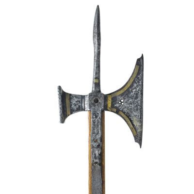 An iron axe blade, rear hammer, and reinforced spike on top of a slender square pole. 