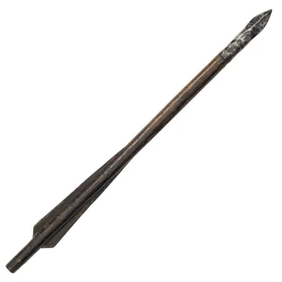 Wooden shaft tapered to an oval end, fitted with leaf shaped diamond section bolt head. The rear is fitted with wooden flights. 