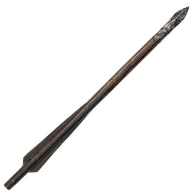 Wooden shaft tapered to an oval end, fitted with leaf shaped diamond section bolt head. The rear is fitted with wooden flights. 