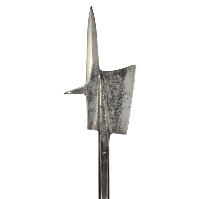Oblong shaped cleaver blade curving towards a long spike and a smaller spike-hook on the reverse.