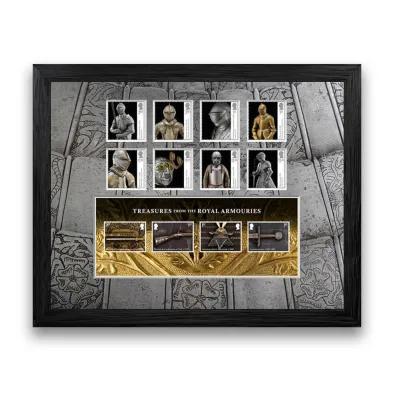 A black frame containing various stamps depicting objects from the Royal Armouries Collection