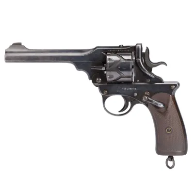 A large, metal framed revolver in black metal and with a dark, wood-like handle.
