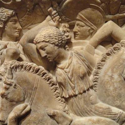 A stone carving of a woman in battle from late Roman period