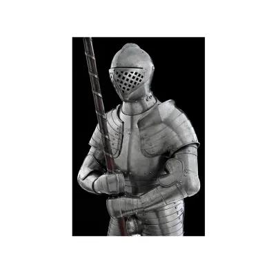 postcard of a full suit of historical silver armour holding a pike on a black background