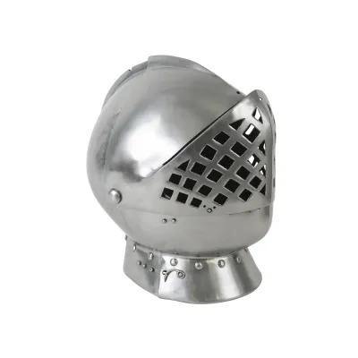 A sleek historical armoured silver helmet equipped with a mesh face mask, designed for protection as worn by Henry VIII