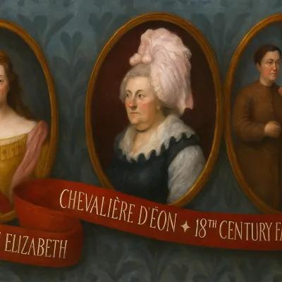 series of three portraits of Empress Elizabeth, Chevaliere D'Eon, and 18th century factory workers