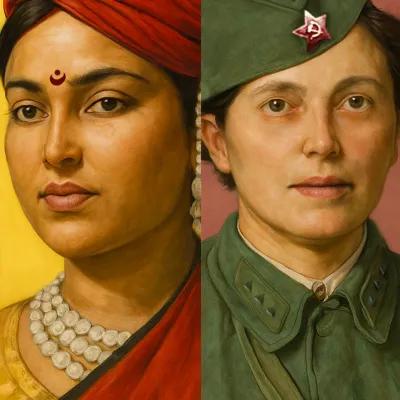 Artist's impression of 2 warrior women: Lakshmi Bai, Lyudmila Pavlichenko
