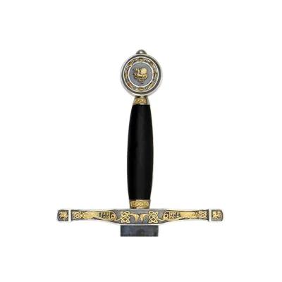 Decorative sword hilt with a black grip, gold-accented crossguard, and a circular pommel engraved with a lion emblem