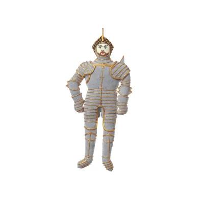 Hanging decoration depicting a knight in full grey armour with gold trim, featuring visible facial details through an open visor