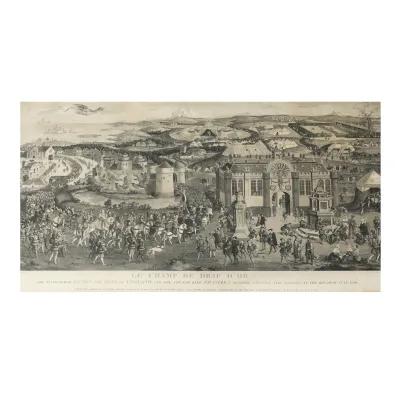 Depiction of the Field of Cloth of Gold, showing two monarchs meeting amid elaborate pavilions, with numerous figures engaged in festivities and formalities