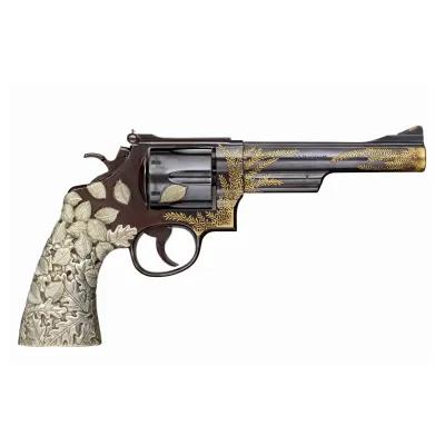 Vintage revolver with a classic cylinder and ergonomic handle, displayed in a stylised postcard format with balanced composition and muted tones.