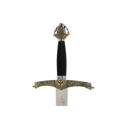 Detailed view of a replica Lancelot sword hilt featuring ornate metalwork and a crossguard with medieval-style embellishments