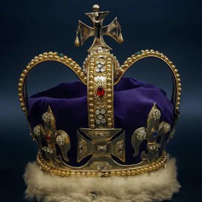"gold" crown decorated with "jewels" and purple velvet and white fur