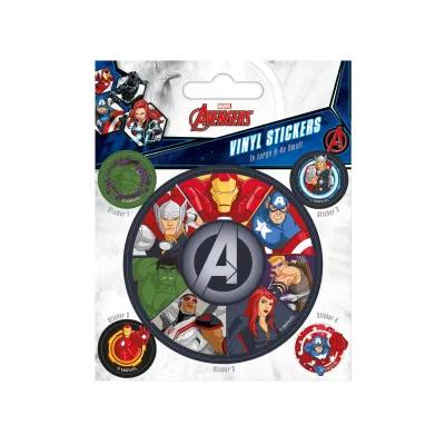 Set of Avengers-themed vinyl stickers showing comic‑style artwork of key heroes in circular designs, presented on branded Marvel packaging