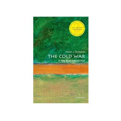 A modern abstract composition in green, orange, and beige surrounds the text “The Cold War: A Very Short Introduction” by Robert J. McMahon, including a prominent yellow badge marking the new updated edition and the Oxford University Press logo at the base