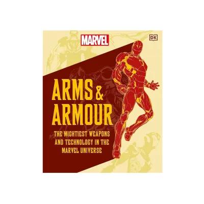 Marvel: Arms & Armour book cover displaying a graphic outline of Iron Man in red and yellow, set against a contrasting cream and dark red design with the subtitle about Marvel’s weapons and technology