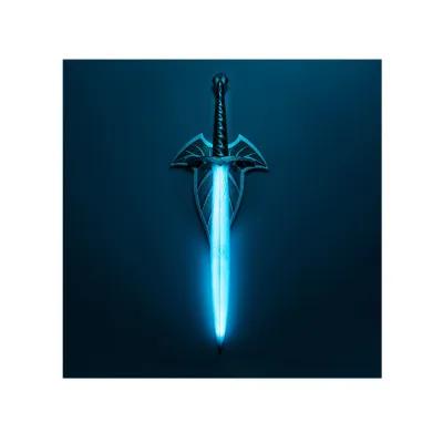 Fantasy‑style sword with an illuminated blue blade and patterned hilt, displayed upright against a deep blue background