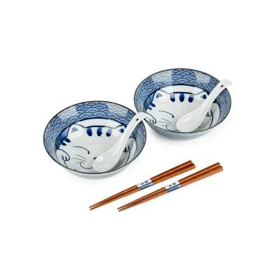 Set of two blue-and-white patterned bowls featuring a stylised cat face design, each paired with a white ceramic spoon, alongside two wooden chopstick sets