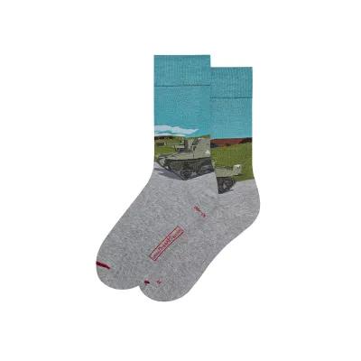 Pair of grey socks featuring a detailed illustration of an armoured military vehicle on a green landscape with a blue sky