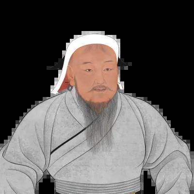 A historical-style drawing depicting Genghis Khan with white hair, black pointed adornments on each side of the head, and a lengthy, finely detailed beard. Image credit: Chinggis Khaan, painting on silk. Copy of the original, Palace Museum, Taipei, Taiwan.