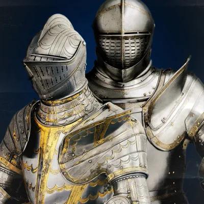 Field armour of William Somerset, 3rd Earl of Worcester, silver with gold detail. Displayed with the tournament armour of King Henry VIII 