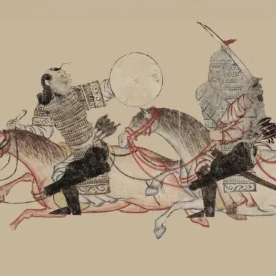 Ancient illustration of two armoured warriors charging on horseback against a plain beige background. The left rider holds up a round shield, while the right rider holds a long weapon