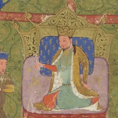 A medieval Persian miniature showing a crowned Mongol emperor enthroned and gesturing to a group of court officials