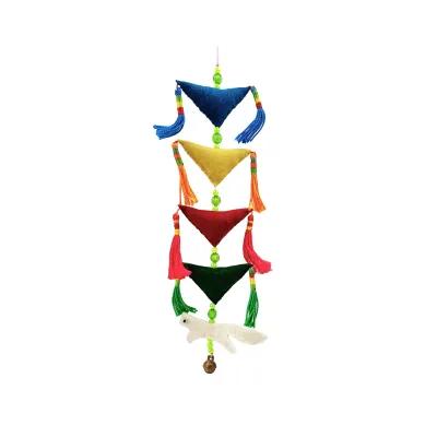 Vertical felt decoration featuring stacked blue, yellow, red and green triangles, bright tassels, bead spacers and a white fox