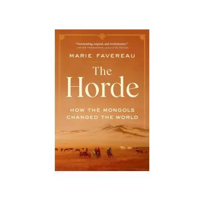 “The Horde” book cover by Marie Favereau, warm orange tones with distant horse riders beneath a vast sky and dunes