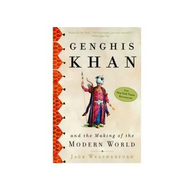 Book cover with title ‘Genghis Khan’, robed figure holding a weapon, red patterned spine, and bestseller badge
