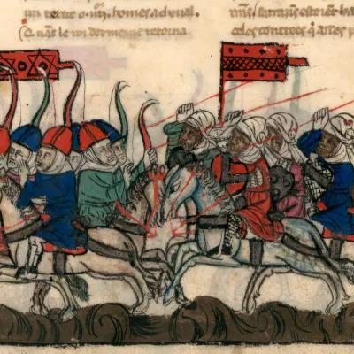 Illustration of Mamluk warriors defeating Mongol warriors 