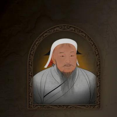 Mongol man in white hat and grey robe set in an arch with a stylised map overlay background