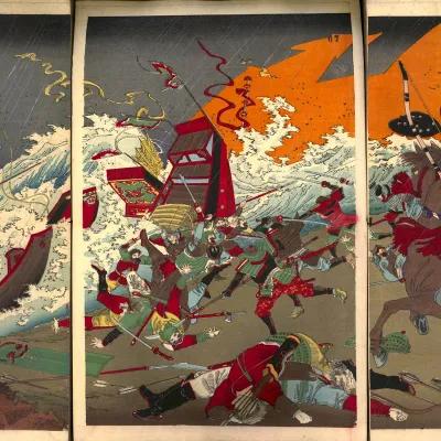 A colour woodblock print across three pages showing the failed invasion of Japan by the Mongols