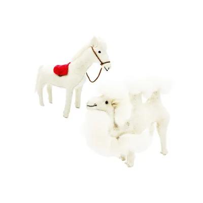 White felt horse with red saddle beside a fluffy white felt camel on a plain white background