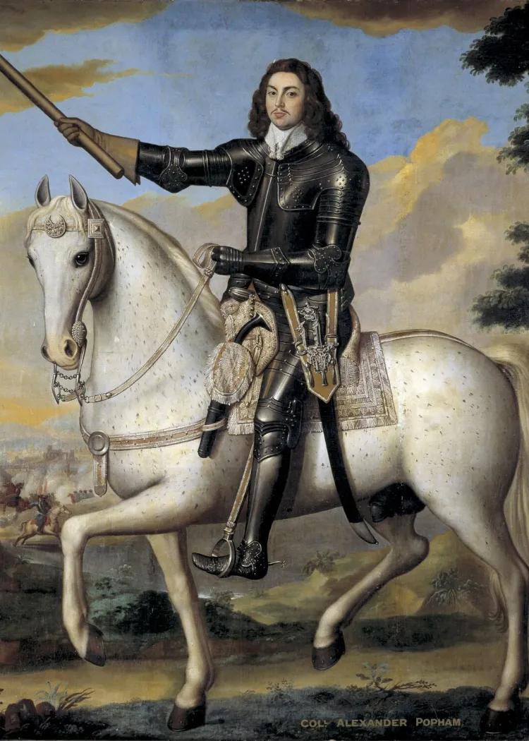 young military commander in black armour sat on a white horse
