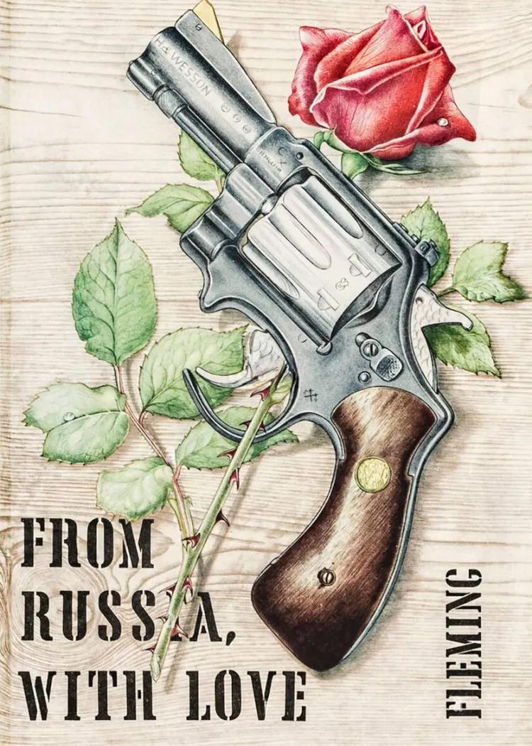 revolver sitting on a single stem red rose on a pale woodgrained background - "from Russia, with Love" and "Fleming"