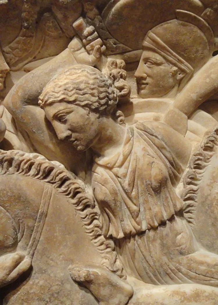 A stone carving of a woman in battle from late Roman period