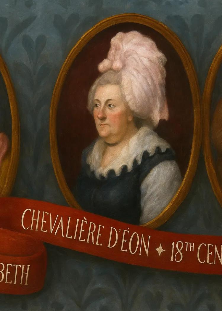 series of three portraits of Empress Elizabeth, Chevaliere D'Eon, and 18th century factory workers