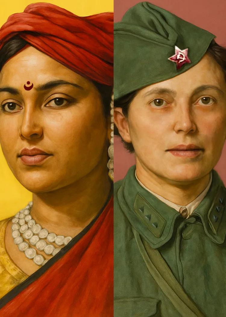 Artist's impression of 2 warrior women: Lakshmi Bai, Lyudmila Pavlichenko
