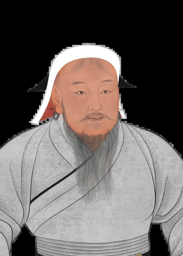 A historical-style drawing depicting Genghis Khan with white hair, black pointed adornments on each side of the head, and a lengthy, finely detailed beard. Image credit: Chinggis Khaan, painting on silk. Copy of the original, Palace Museum, Taipei, Taiwan.
