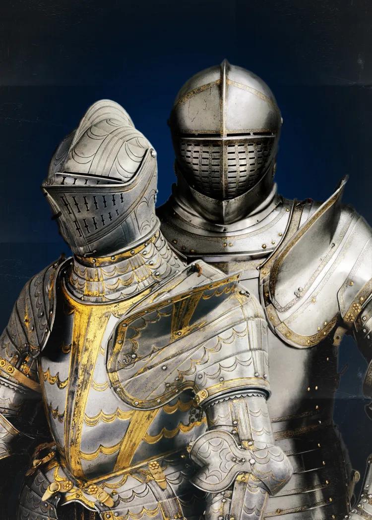 Field armour of William Somerset, 3rd Earl of Worcester, silver with gold detail. Displayed with the tournament armour of King Henry VIII 