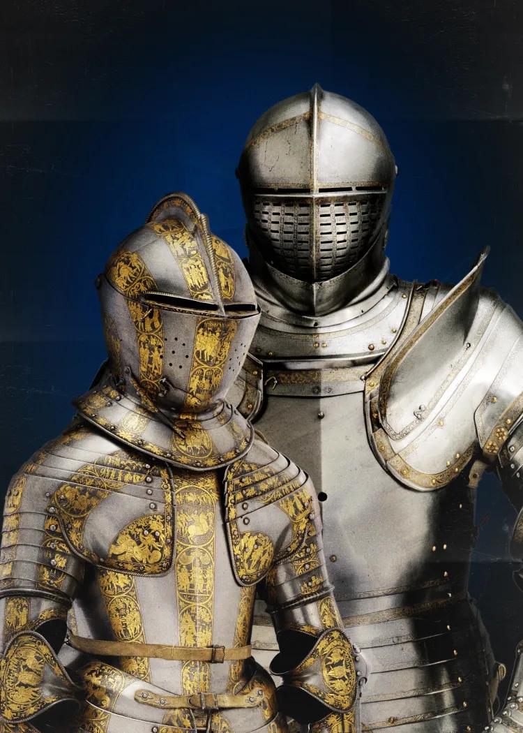 Boy's armour presumably made for Henry, prince of Wales, c.1608, decorated with scenes from the life of Alexander the Great, displayed with the tournament armour of King Henry VIII 