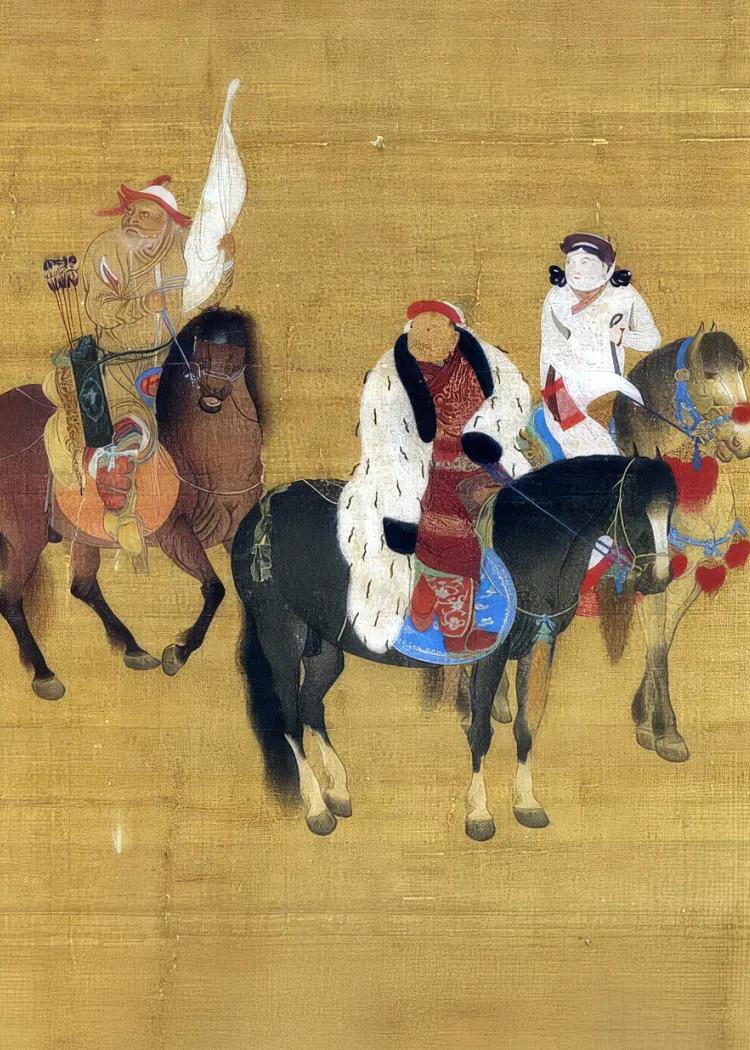lassical Chinese ink and colour painting on silk showing four figures on horseback. One rider on the left shoots an arrow into the sky, while a group of three figures, ride together on the right