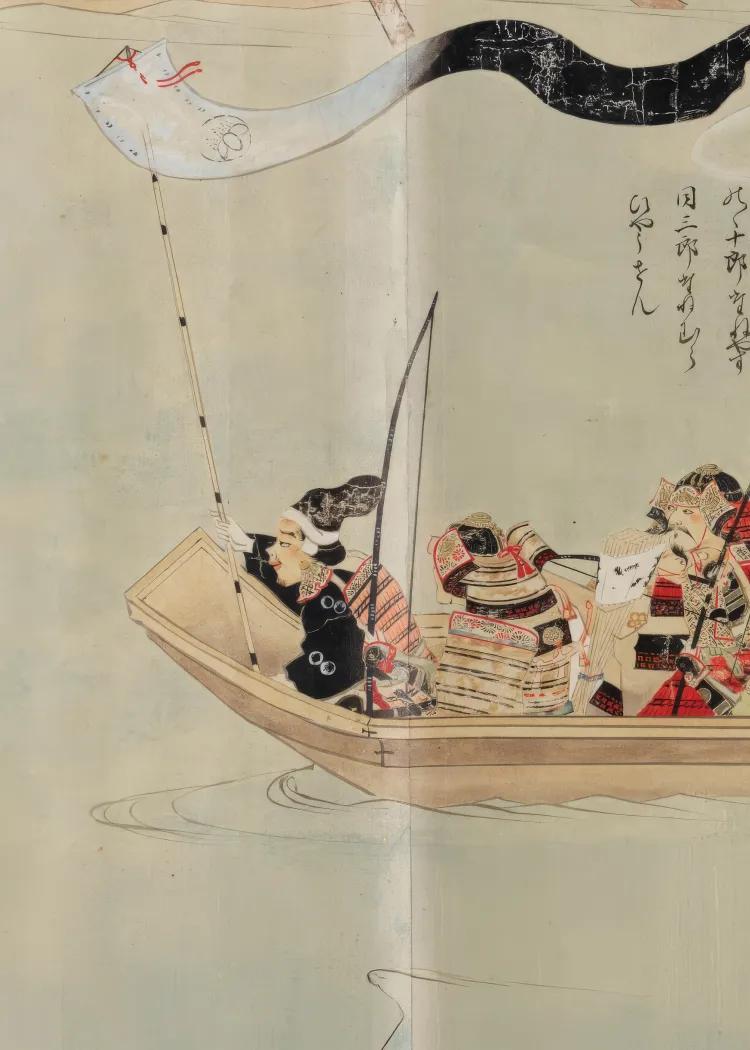 Medieval Japanese narrative handscroll painting, Moko Shurai Ekotoba, depicting samurai warriors in traditional armour navigating a boat during the Mongol invasions of Japan